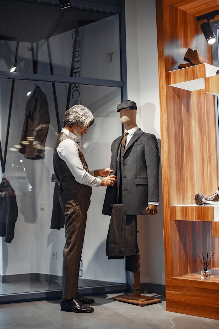 A sophisticated tailor adjusts a suit on a mannequin in a stylish boutique setting.
